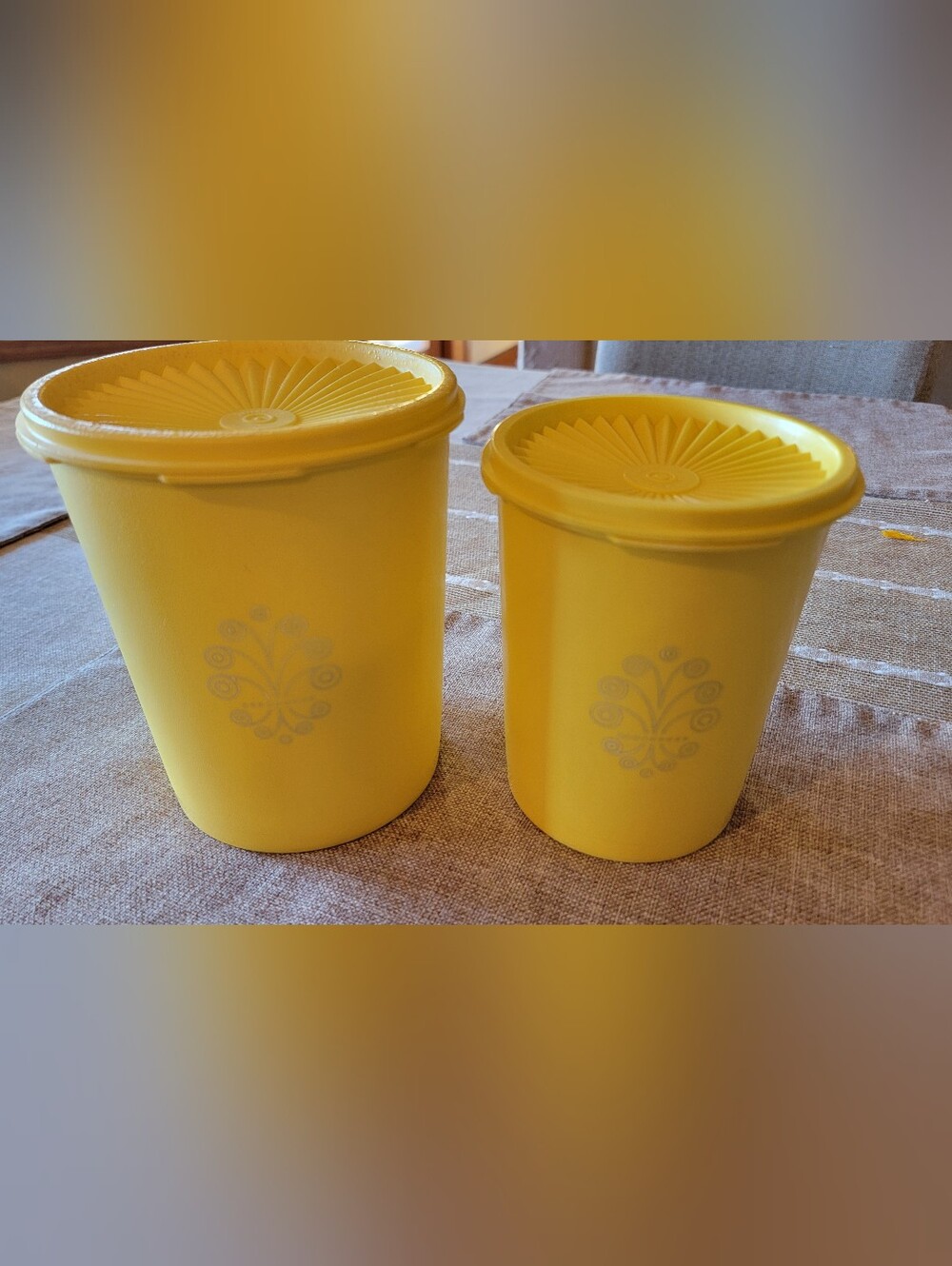 VINTAGE Tupperware Yellow Floral Plastic Storage Canisters - Set of 2